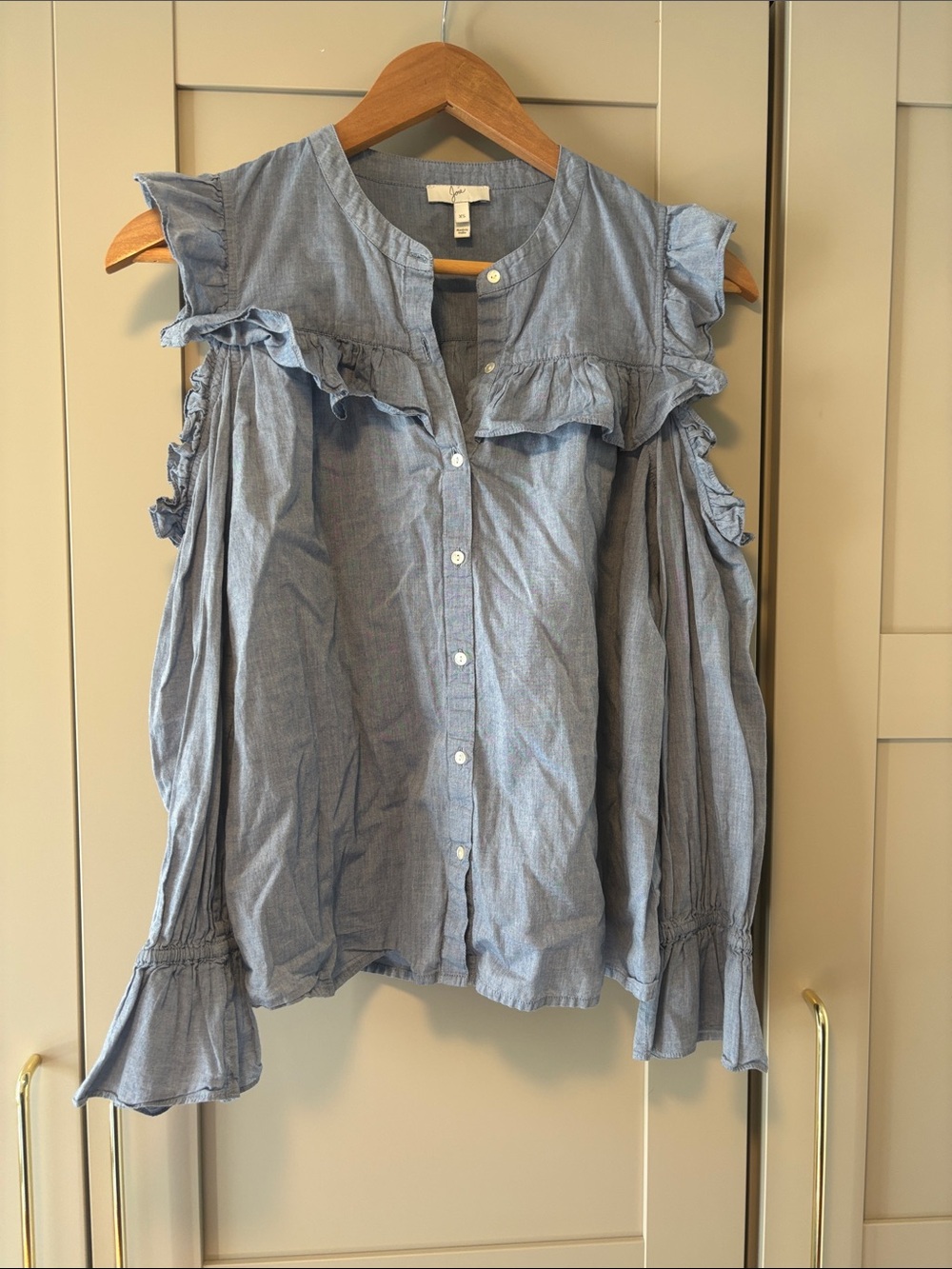 Joie Light Blue Ruffle Cold-Shoulder Button-Down Top